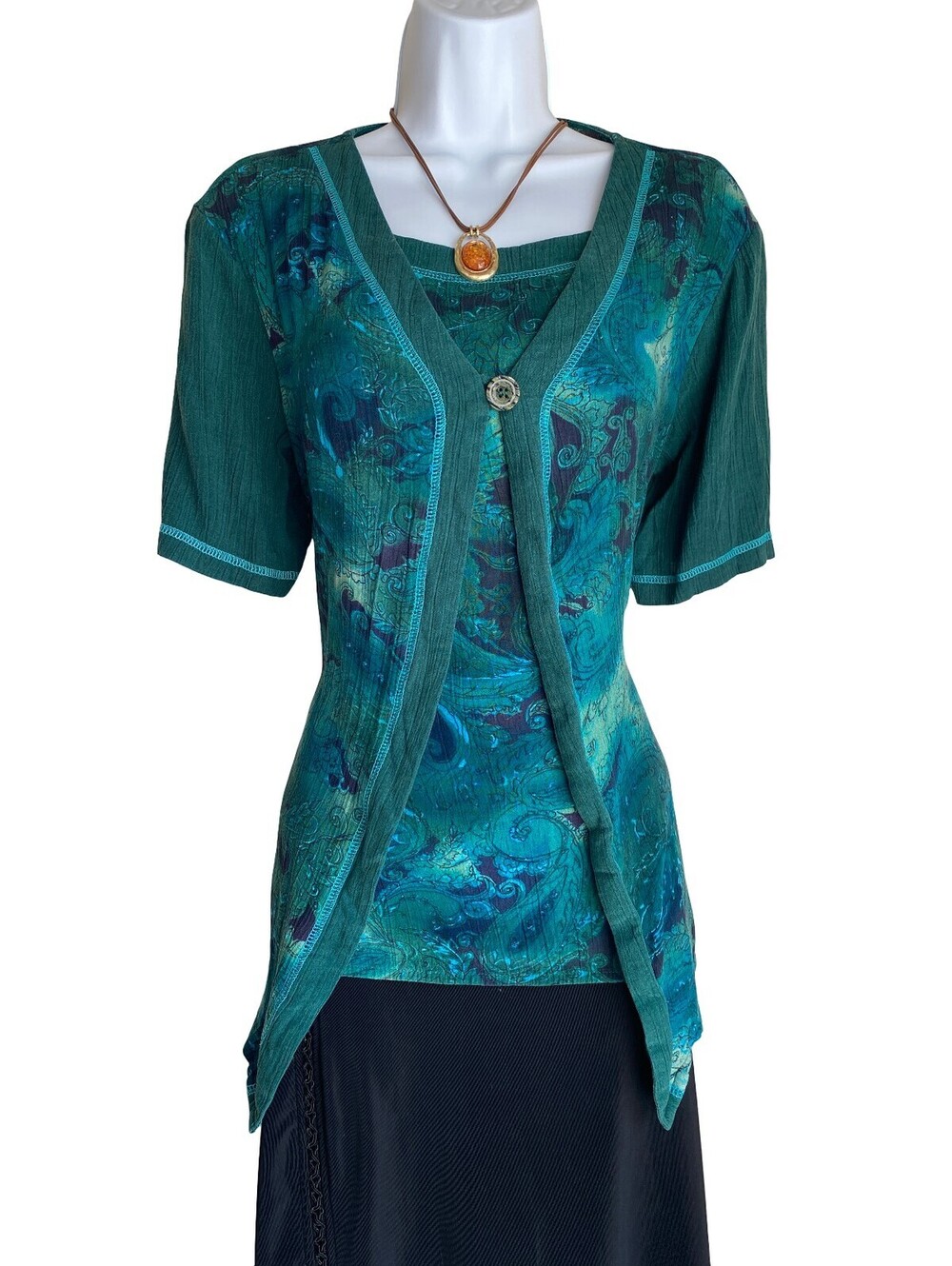 Y2K CM Shapes Women's Size M Green Dark Boho Paisley Button Up Tunic Blouse Fall